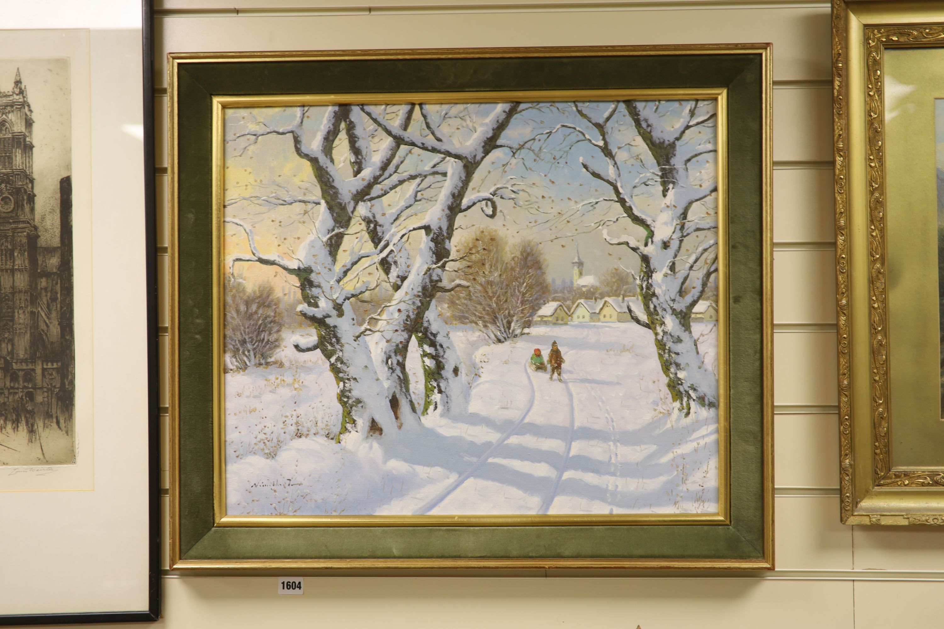 Z* Nemeth (20th century), oil on canvas, Winter landscape, signed, gilt and green velvet frame, 50 x 60cm and P. Patching, Still life of roses in a vase on a mantelpiece, indistinctly signed, oil on canvas, 60 x 45cm